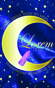 crescent gold moon with purple jewel with golden stars on dark blue background and latin phrases