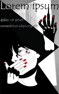 black and white face with red painted nails with latin filler text