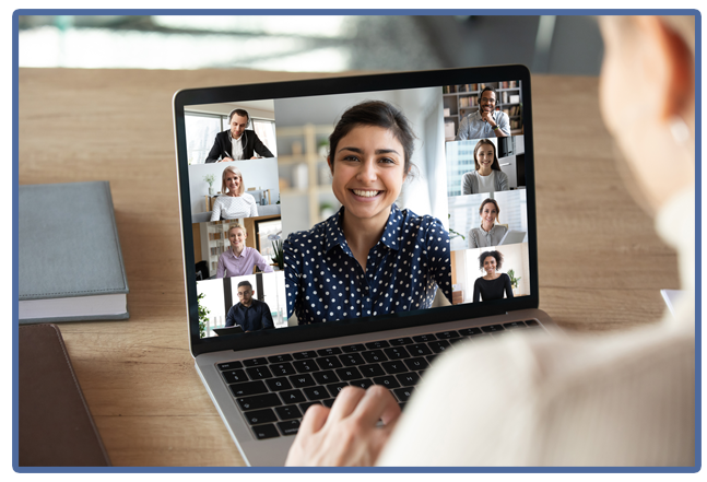 people in an online video meeting on a laptop computer