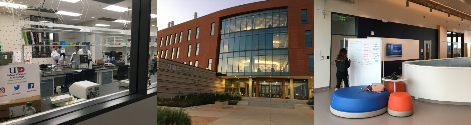 three images in one, showing the cst lab, building and students studying