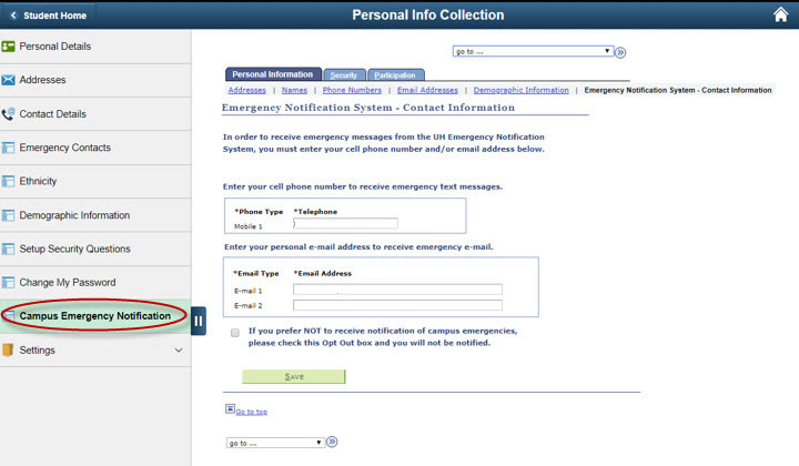 Campus Emergency Notification link location in PeopleSoft