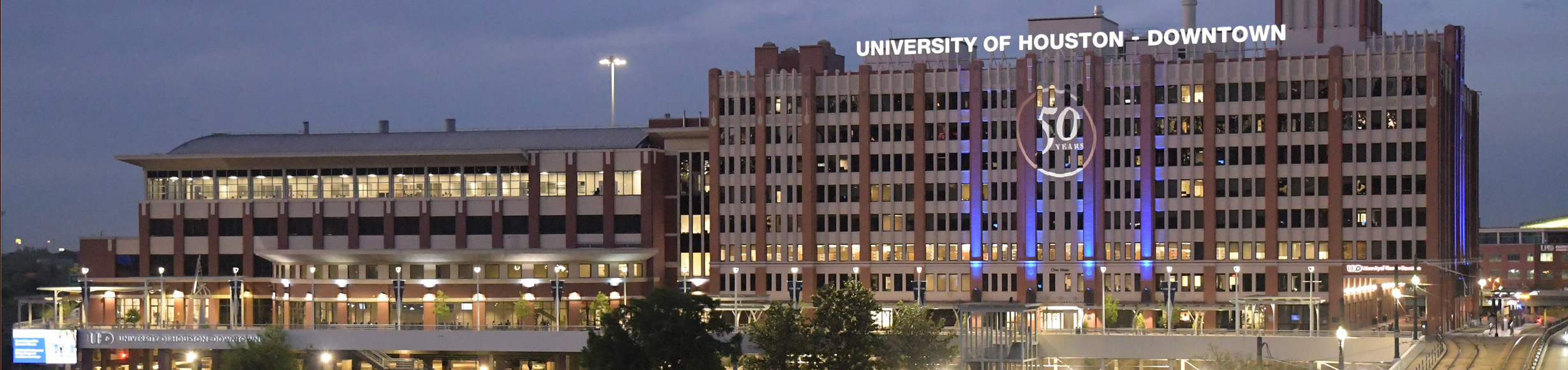 50 years anniversary lights on top of One Main Building