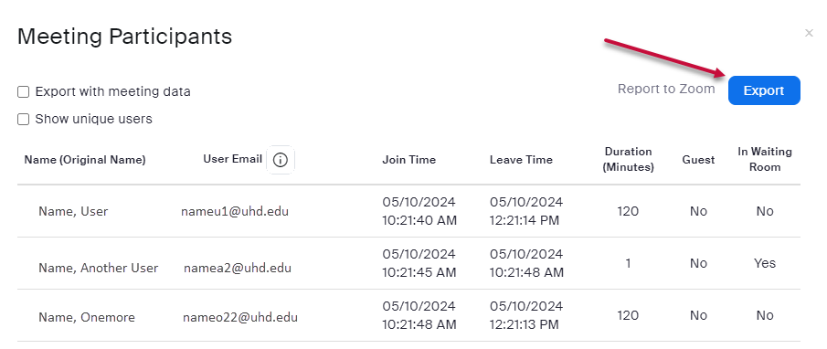 export a participants list by selecting Export