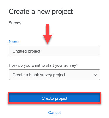 Create a new project window highlighting name field and Create project button