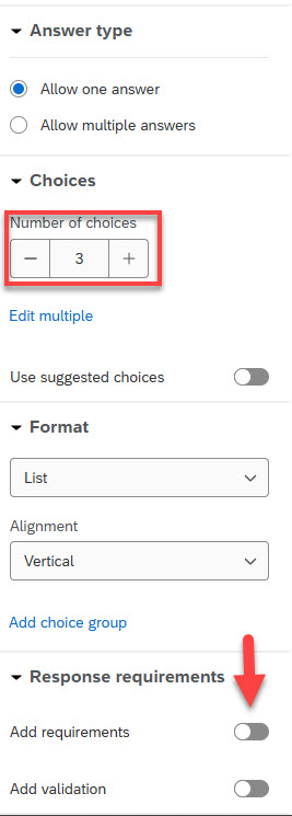 question specific menu items underenat the question type menu