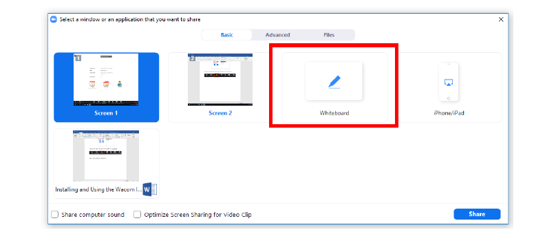 a screenshot of the Share Screen menu with Whiteboard selected