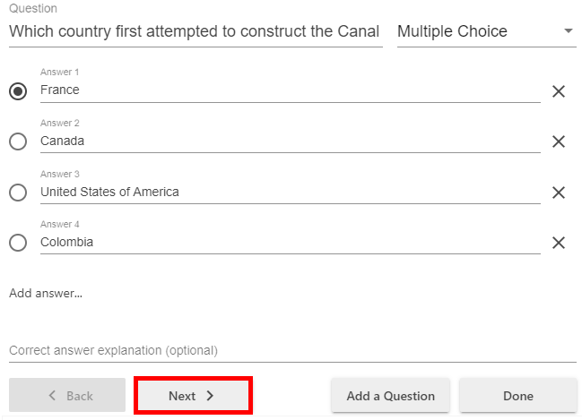 Multiple choice quiz form. On it, the Next button is highlighted by a red box.