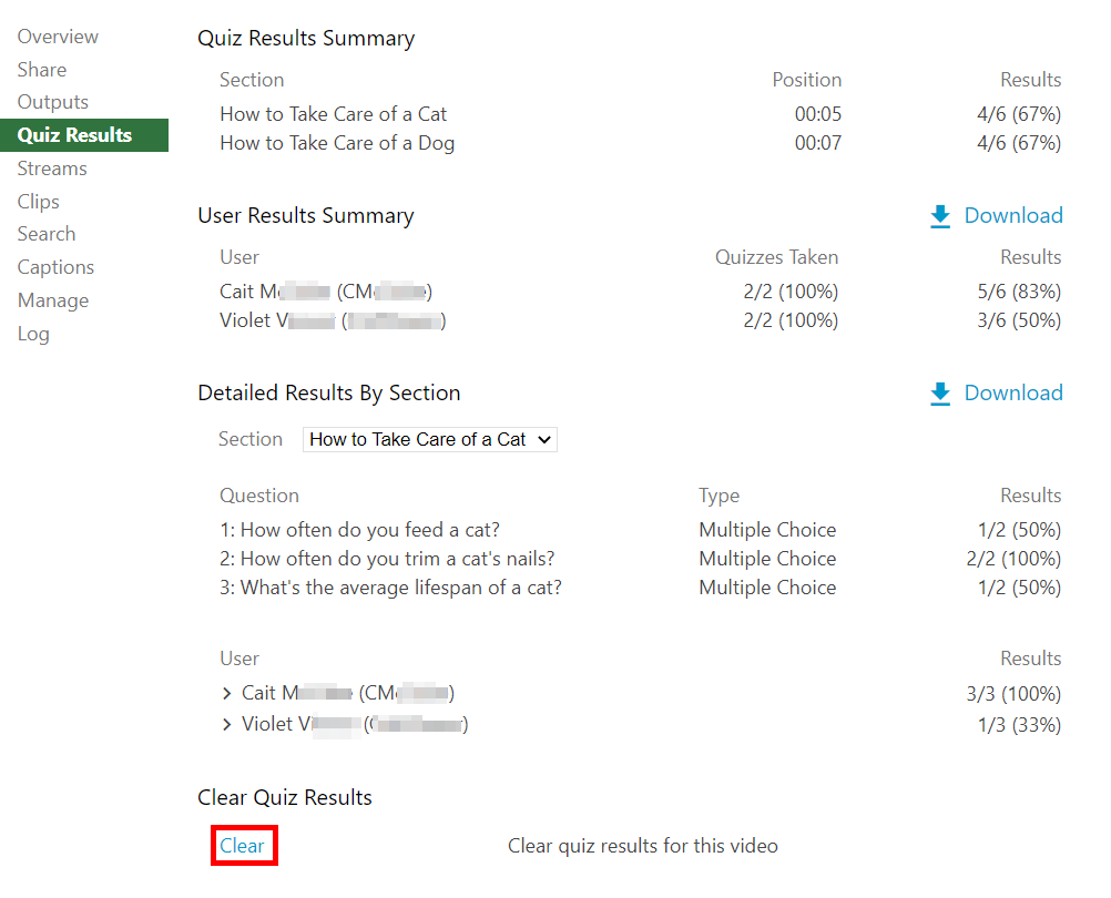 Quiz results summary page. On it, the "Clear" option is highlighted by a red box.