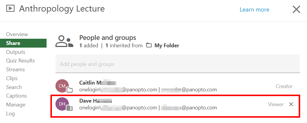 Share menu, Panopto video. On it, the person who was sent the video appears on the list with "Viewer" access under "People and g