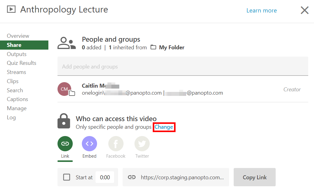 Share menu, Panopto video. Under "Who can access this video," the option "Change" is highlighted by a red box.