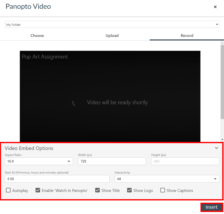 Record tab, embed video selector in canvas. The video is uploading and Insert Button is selected