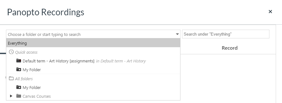 Panopto recordings window. On it, the Folder selector is expanded.