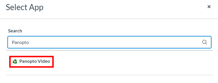 Select App window. On it, "Panopto Video" is highlighted by a red box.