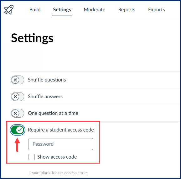 Toggle setting to enable the student access code