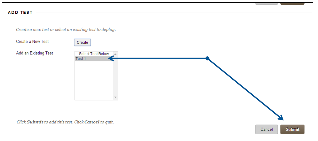 a screenshot of the Add Test menu with an Existing Test selected and the Submit button highlighted