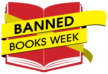 Banned Books Week 2024. Graphic is a red book with a yellow ribbbon.