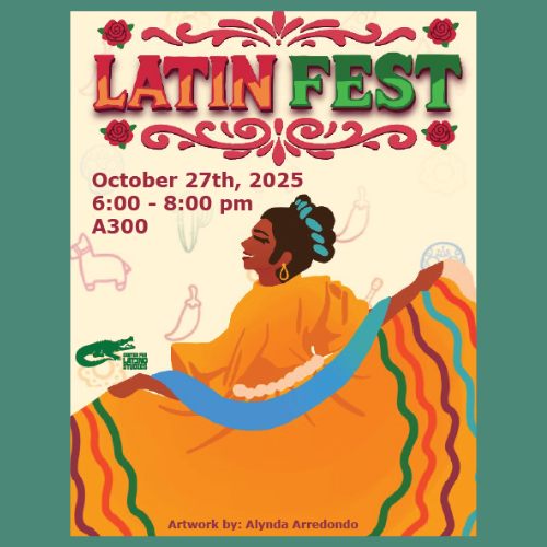 latin fest, october 27, 2025, 6-8 p.m., a300. adult dancing, donkey, jalapeno, uhd center for latino studies logo and text that reads, "artwork by alynda arredondo"