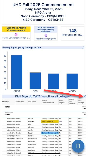 screenshot of the commencement sign up sheet