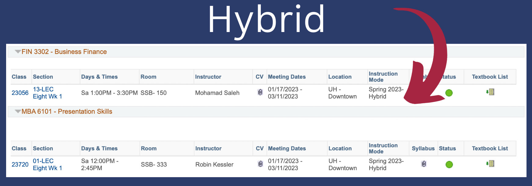 example of a class schedule with a hybrid course