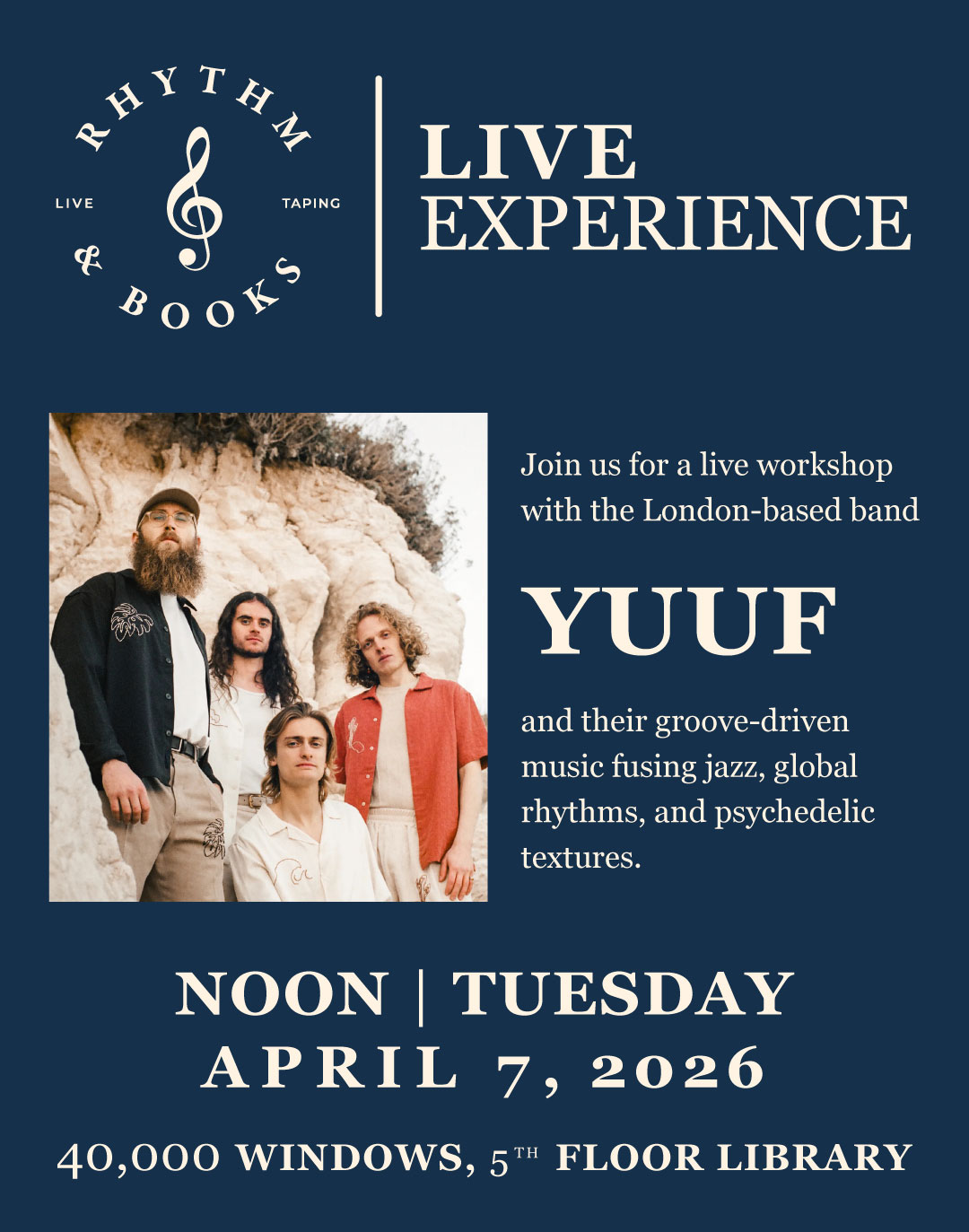 Join us for a live workshop with the London-based band YUUF and their groove-driven music fusing jazz, global rhythms, and psychedelic textures.