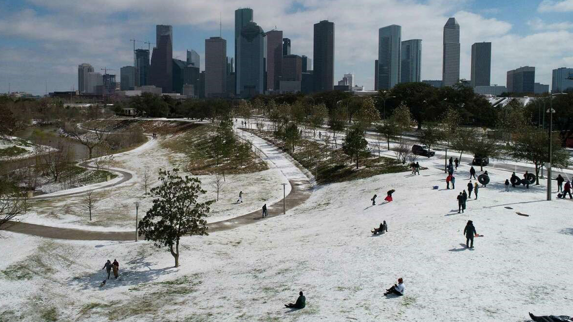 Houston downtown covered in snow
