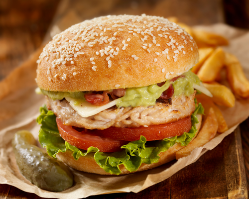 A turkey burger and french fries 