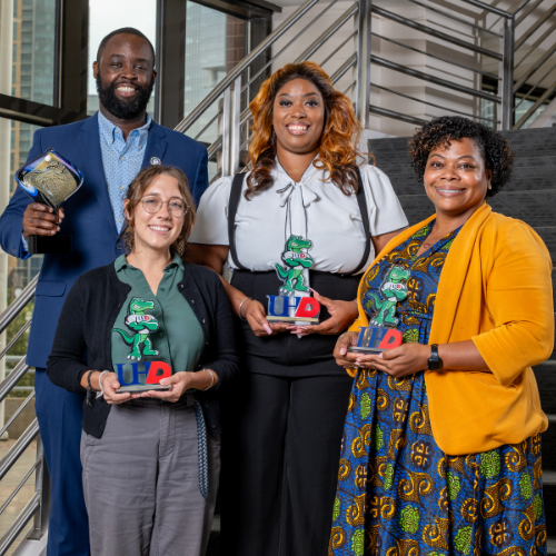 Michaela Milligan, Ikea Jernigan, Cecealia Burns, Tremaine Kwasikpui hold staff awards at the university of houston-downtown's 2026 staff awards ceremony in downtown houston